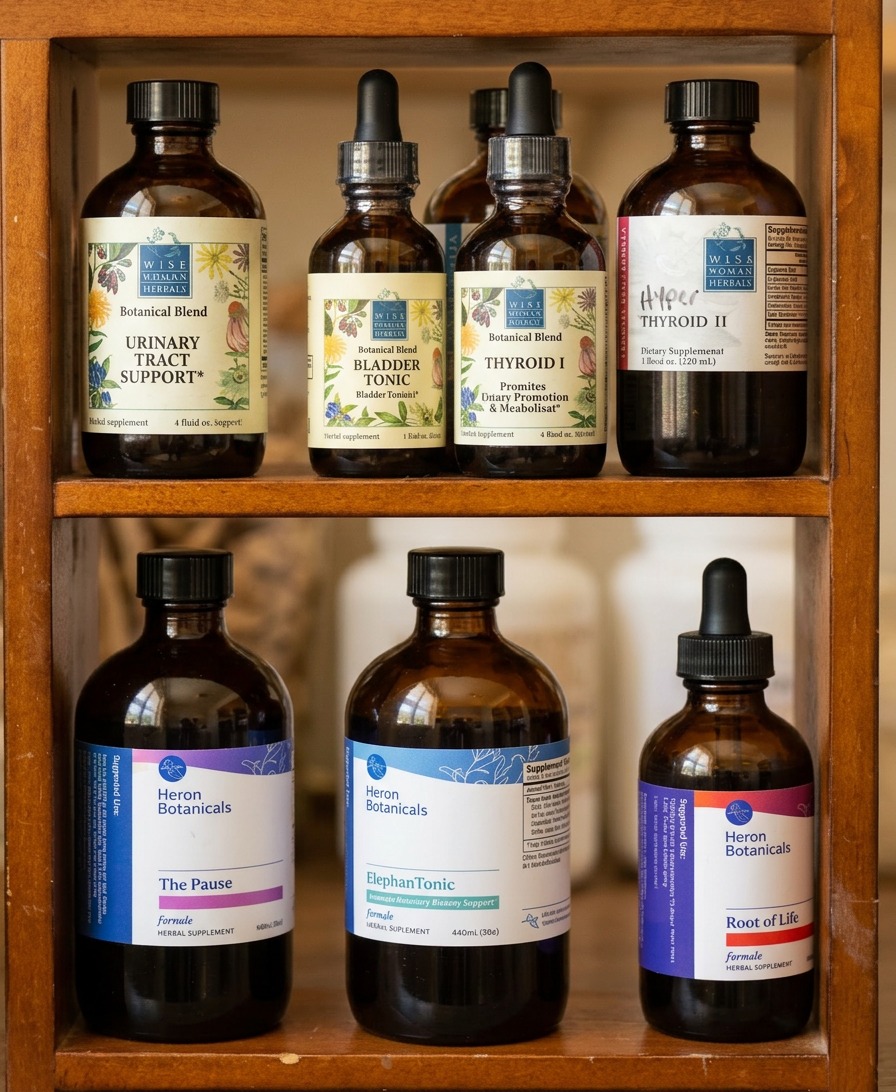 Shelf of botanical herbal tinctures in Dr. Murphy's apothecary