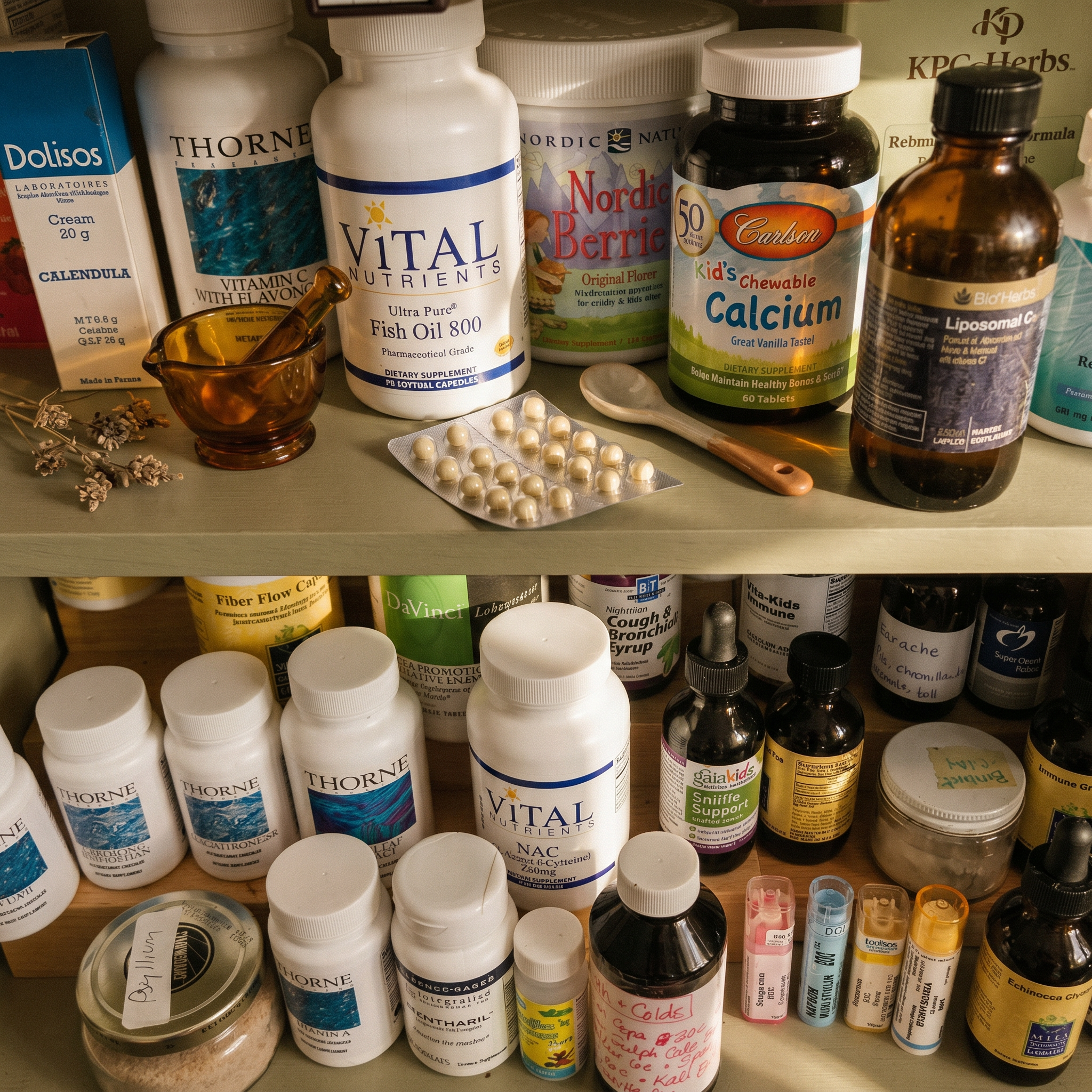 Dr. Murphy's naturopathic apothecary cabinet of supplements, herbal tinctures, and homeopathic remedies