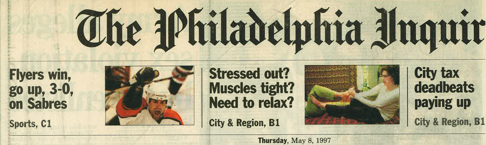 The Philadelphia Inquirer front page, Thursday, May 8, 1997, featuring Dr. Coleen Murphy's Thai Massage practice.