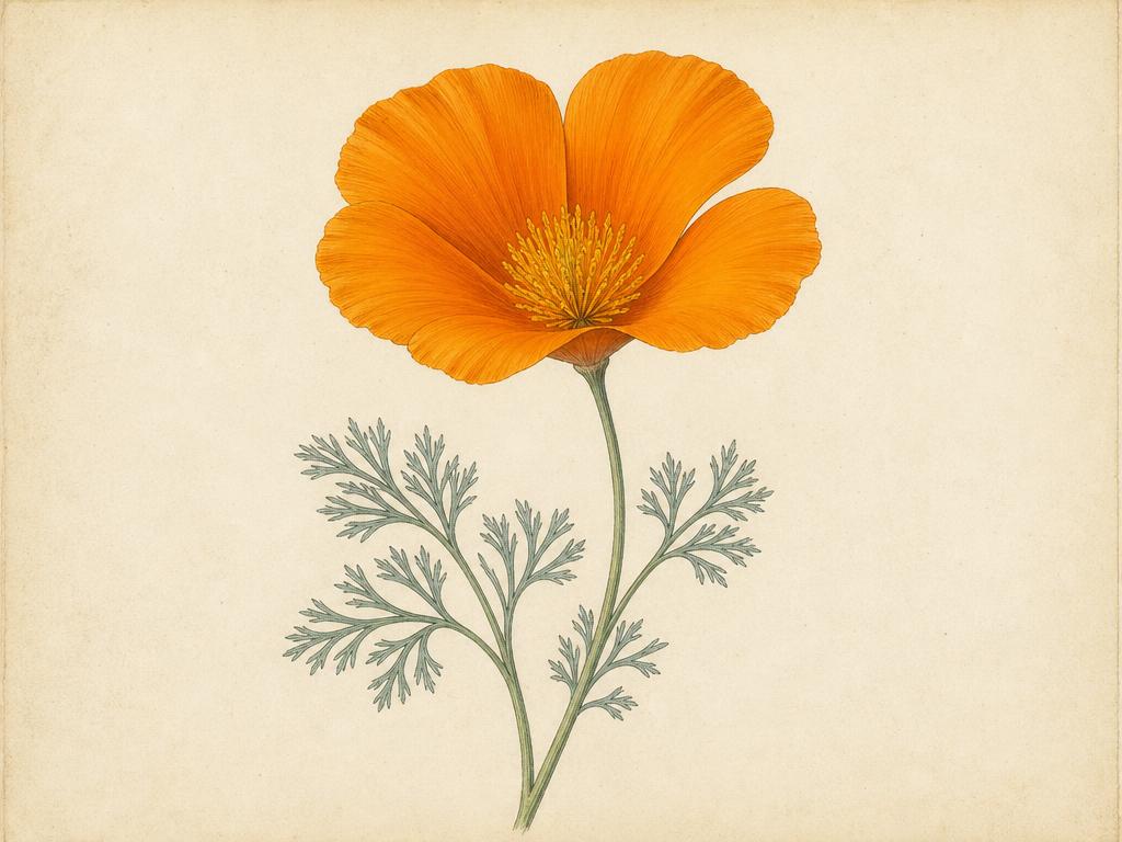 Botanical illustration of a single California poppy in bloom