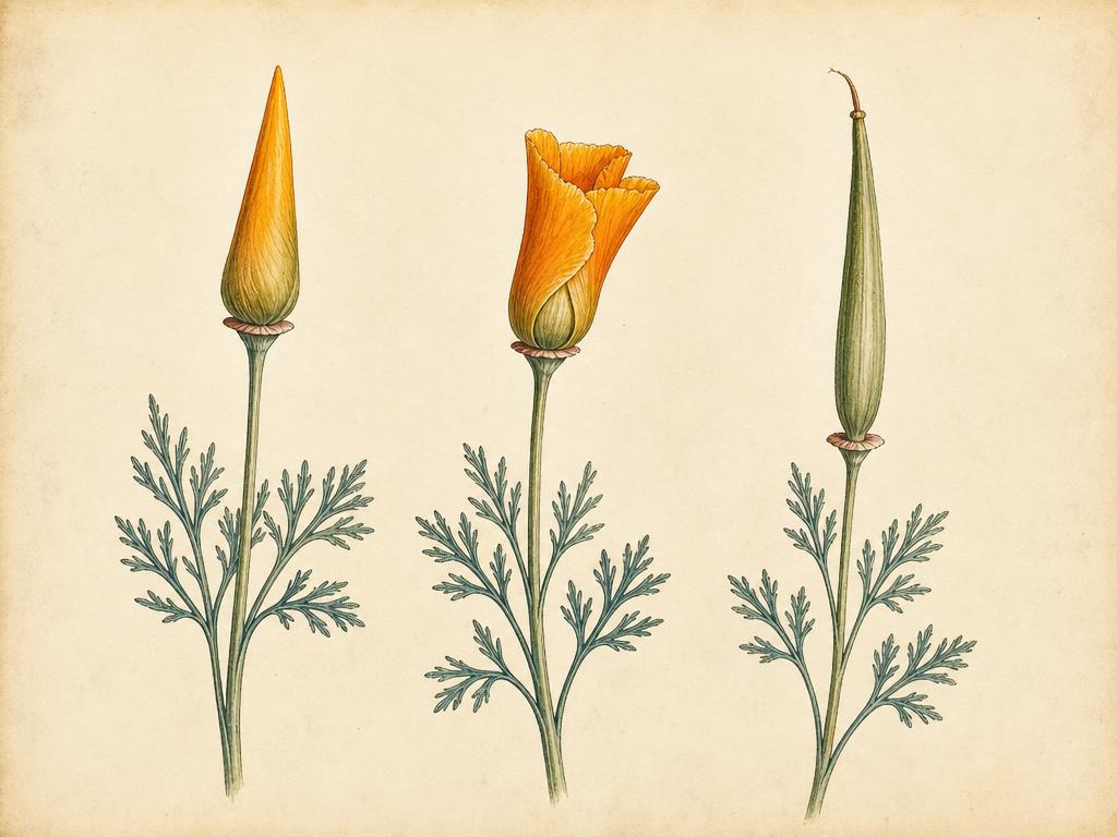 Botanical study of California poppy buds and seed pod