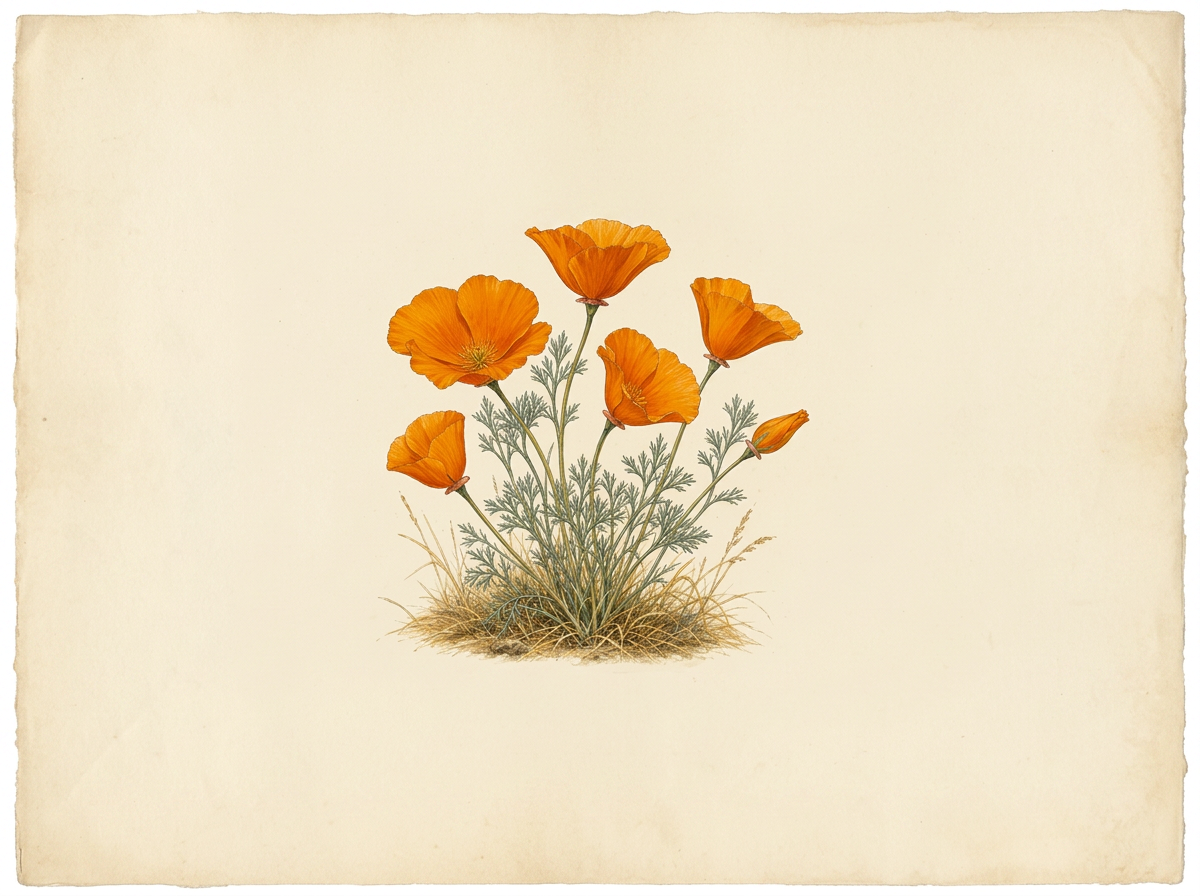 Botanical illustration of a cluster of California poppies