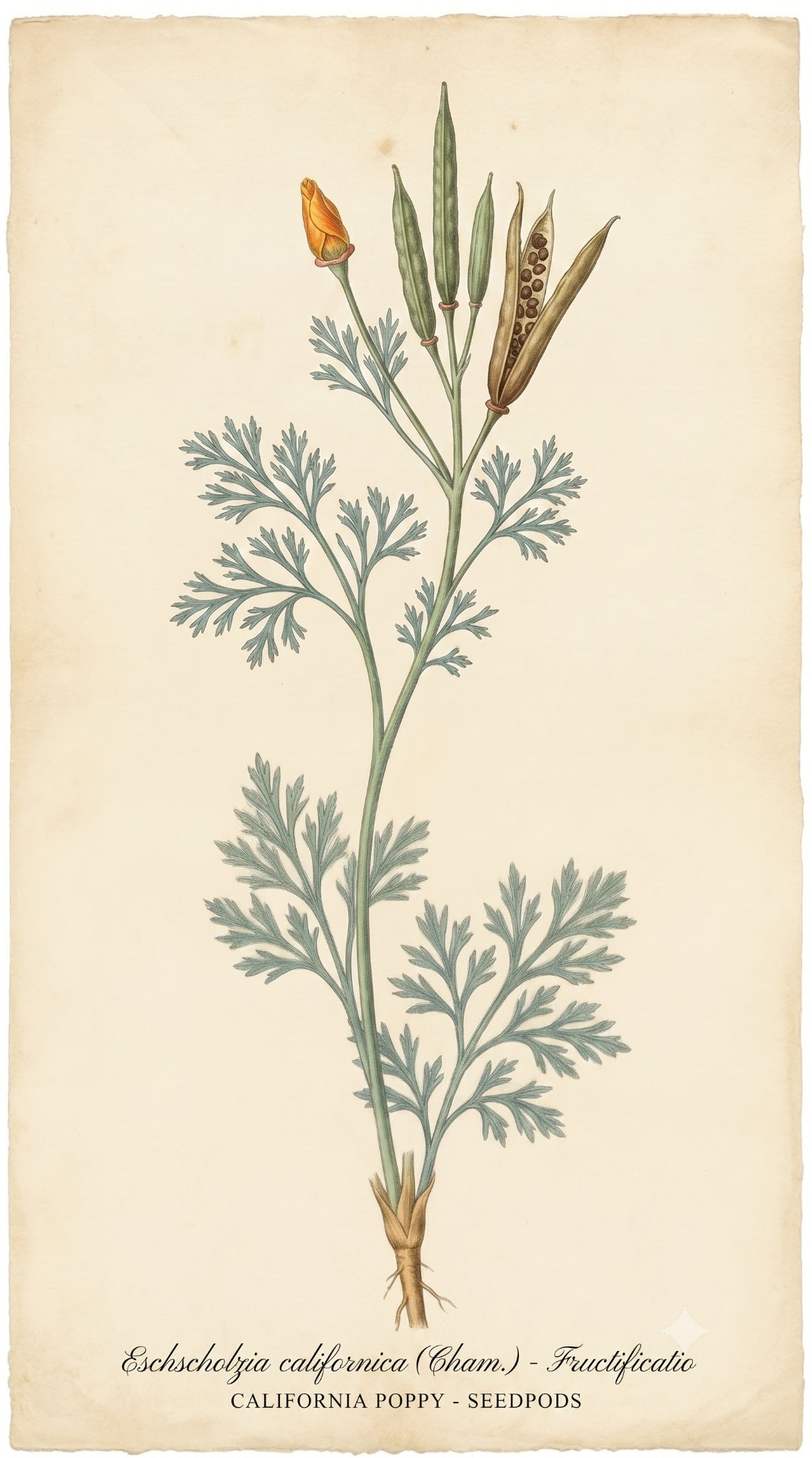 Vintage botanical illustration of California poppy seedpods
